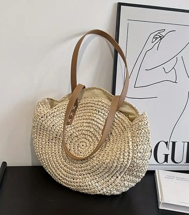 Duża okrągła słomkowa pleciona torebka torba shopper na ramię plażowa