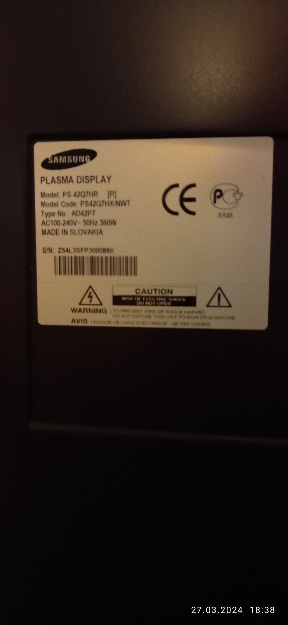 Plasma Display Samsung Model code   PS42Q7HX/NWT TYPE AD42P7