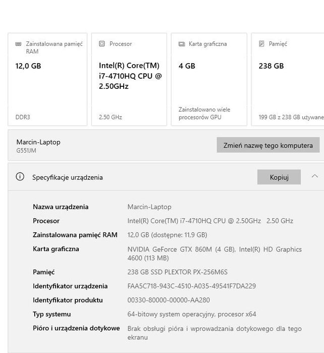 Laptop Asus G551 i7 + gtx860 12gb ram  256ssd Gameingowy Igła