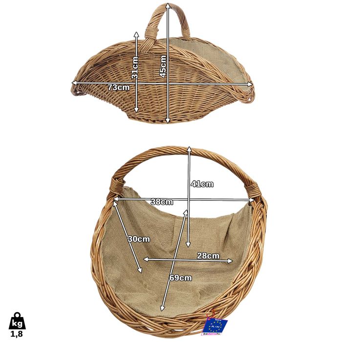 Kosz wiklinowy na drewno z jutą 69x45cm Koszyk kominkowy
