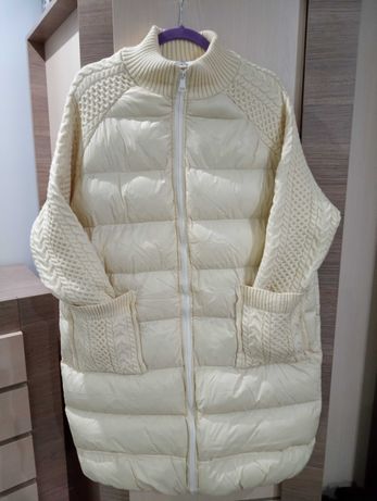 Puchowy płaszcz/kurtka,sweterkowe wstawki Beige
