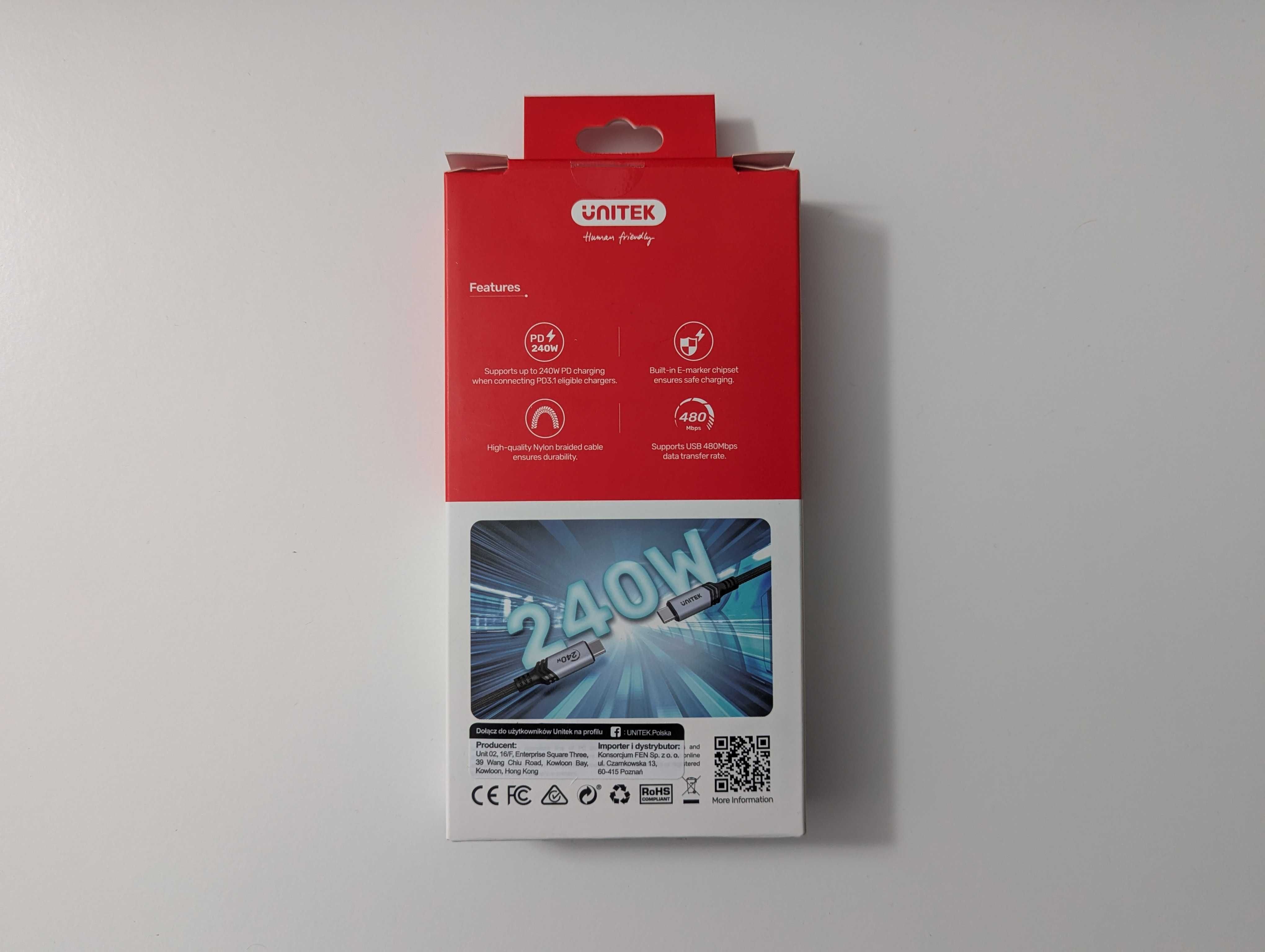 Kabel USB-C 240W Unitek 2m Nowy Gwarancja