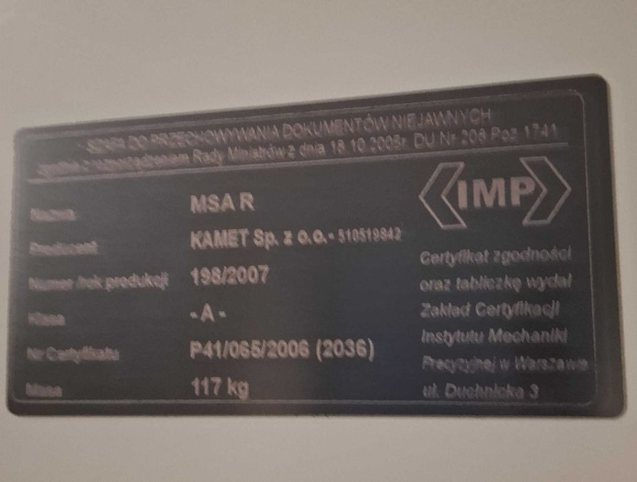 Szafa metalowa pancerna Kamet kl. A, 117 kg