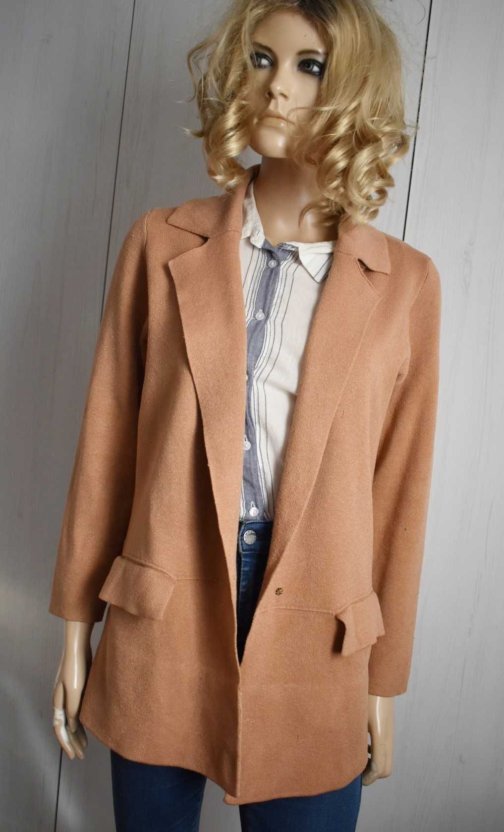 Sweter kardigan M L 38 narzutka elegancki marynarka blazer karmelowy