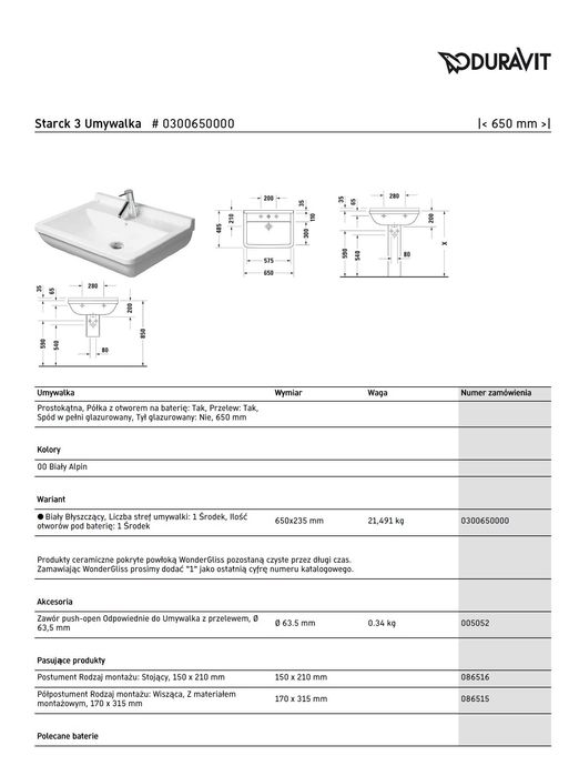 Umywalka Duravit Starck 3 + akcesoria komplet 30065, 86515