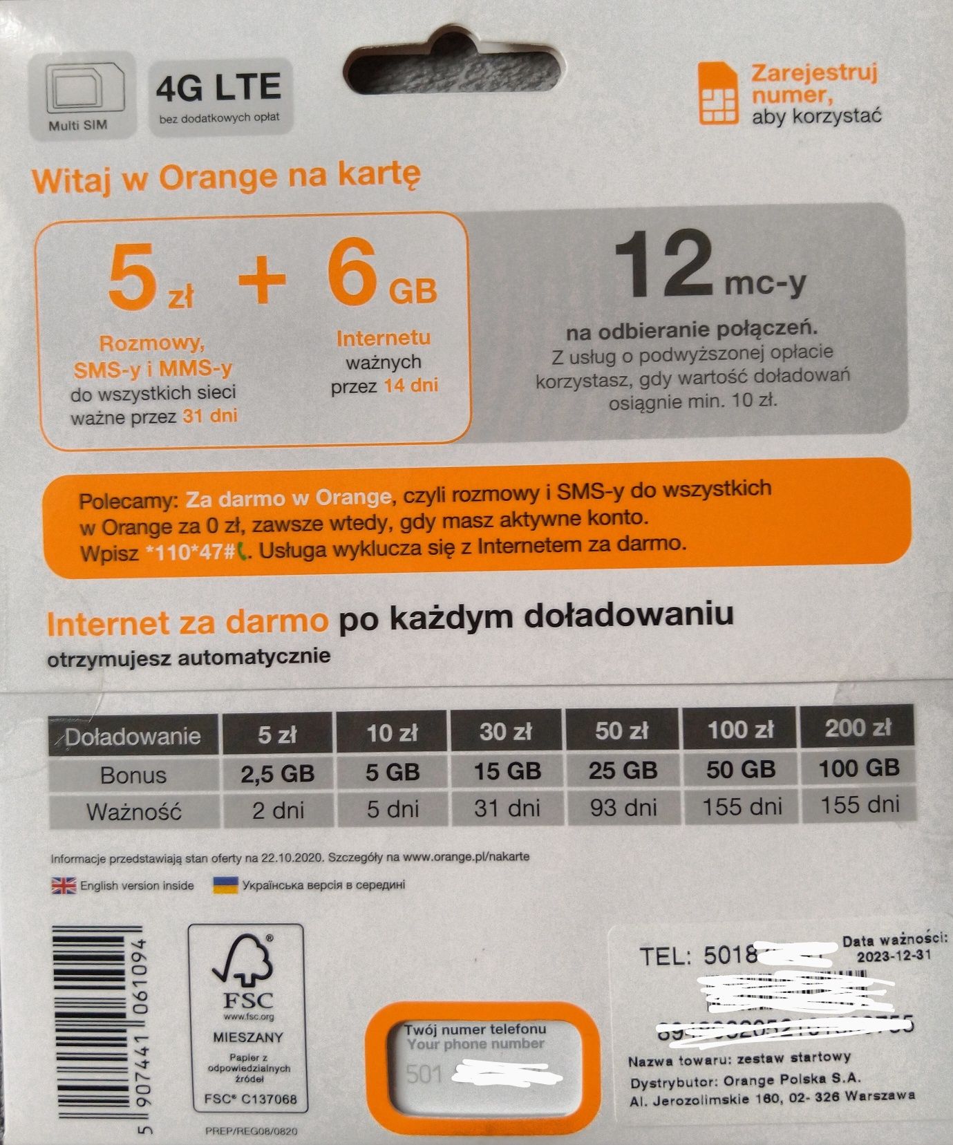 Kultowy prefiks 501. Starter Orange, 6GB na start, multisim