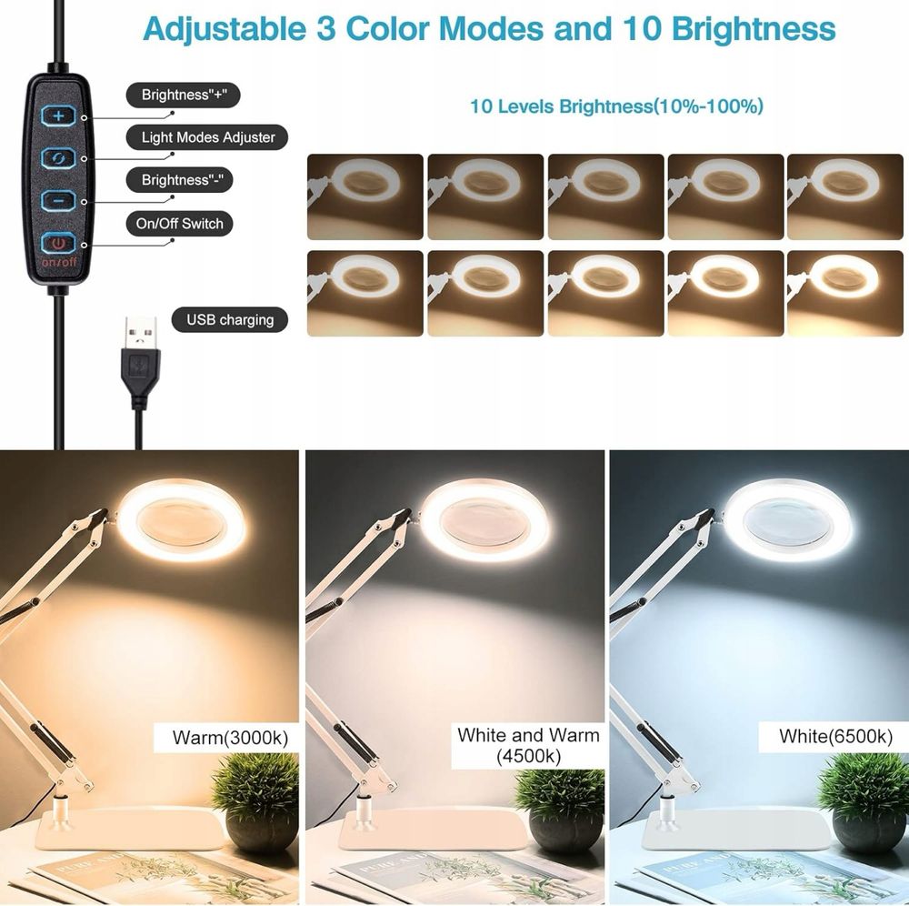 LED Lampa powiększająca 10-krotnie, 3 tryby kolorów