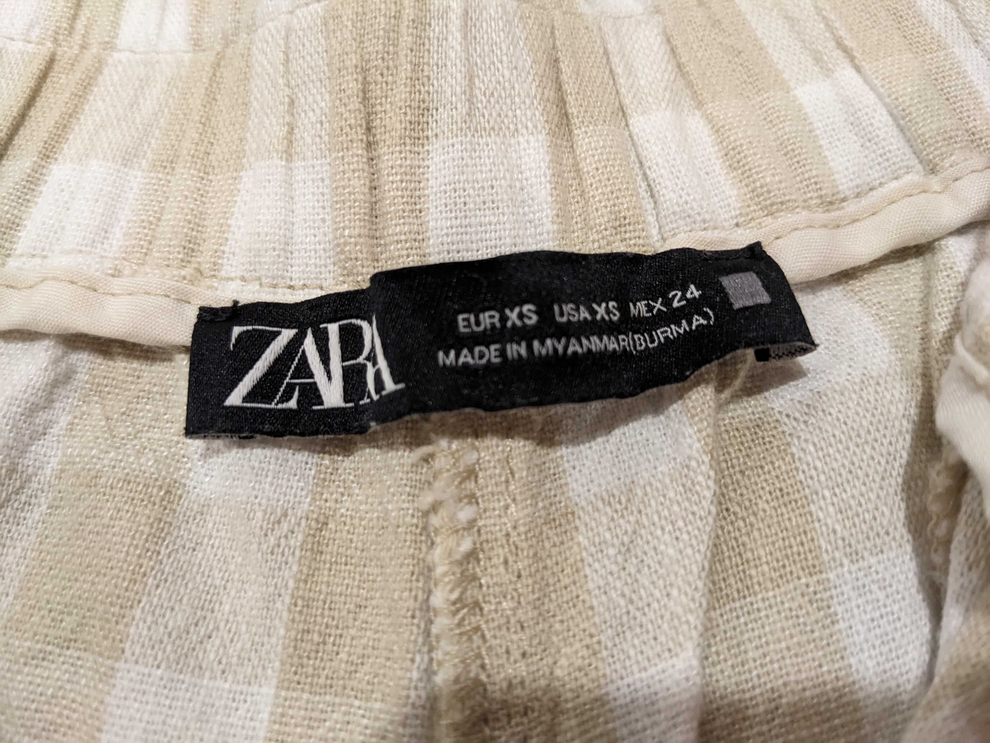 Calções Linho Quadradinhos bege/branco cintura subida (XS / Zara)