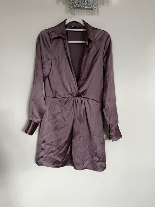 Sukienka satynowa z dekoltem krótka Zara rozmiar S różowa viral