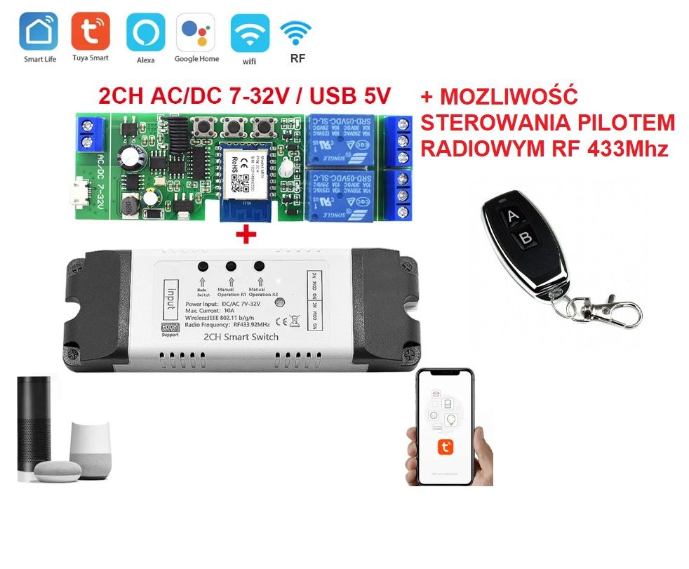 Przekaźnik bezprzewodowy 2CH AC 85-250V WIFI Tuya lub pilot  433Mz