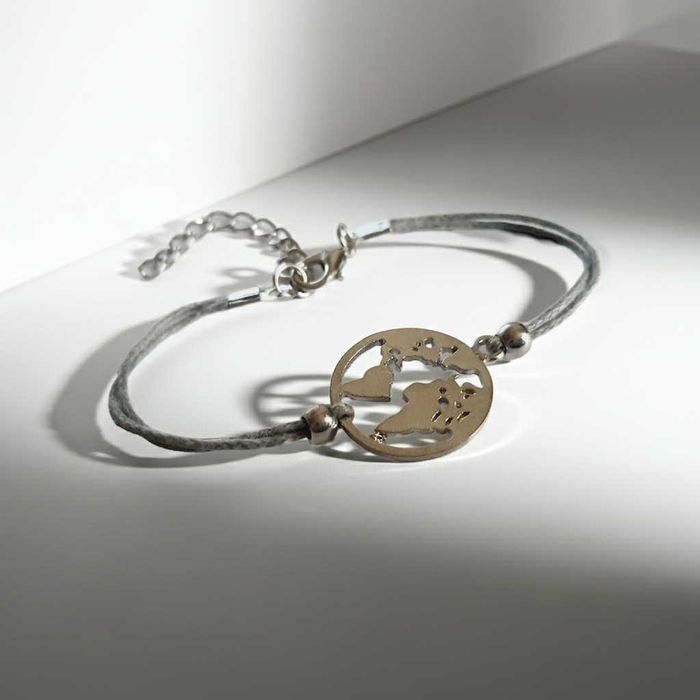 Bransoletka Stal Chirurgiczna Na Sznurku Srebrna Kula Ziemska