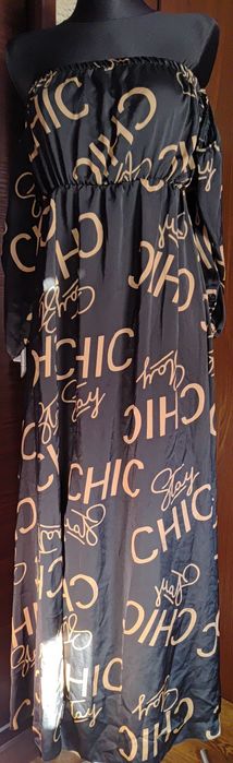 Sukienka maxi hiszpanka Czarna napisy ,rozcięcie na nodze