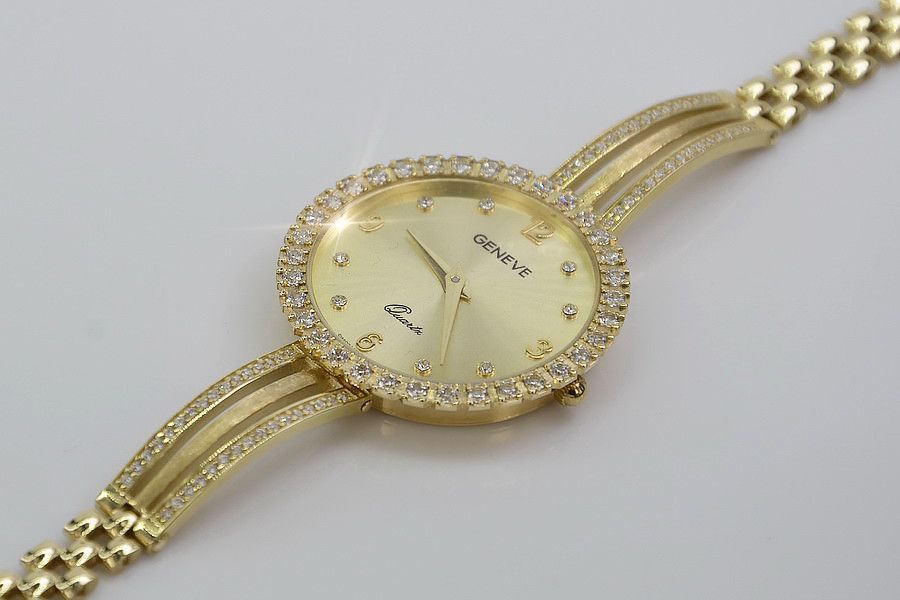 Złoty Okrągły Zegarek Damski 14K 585 Geneve z Kamieniami Gdańsk lw107y