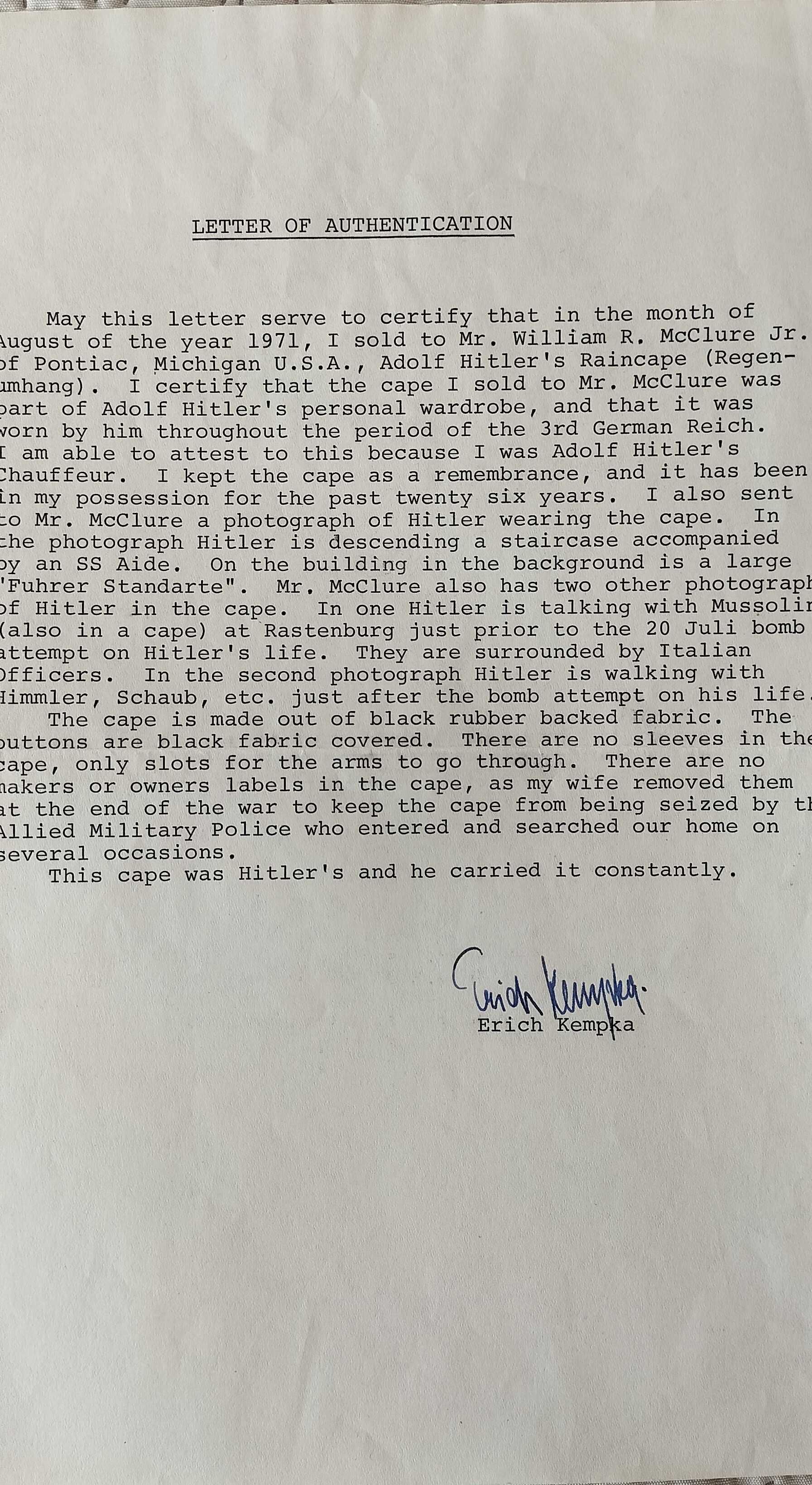 Documento assinado pelo oficial nazi Erich Kempka