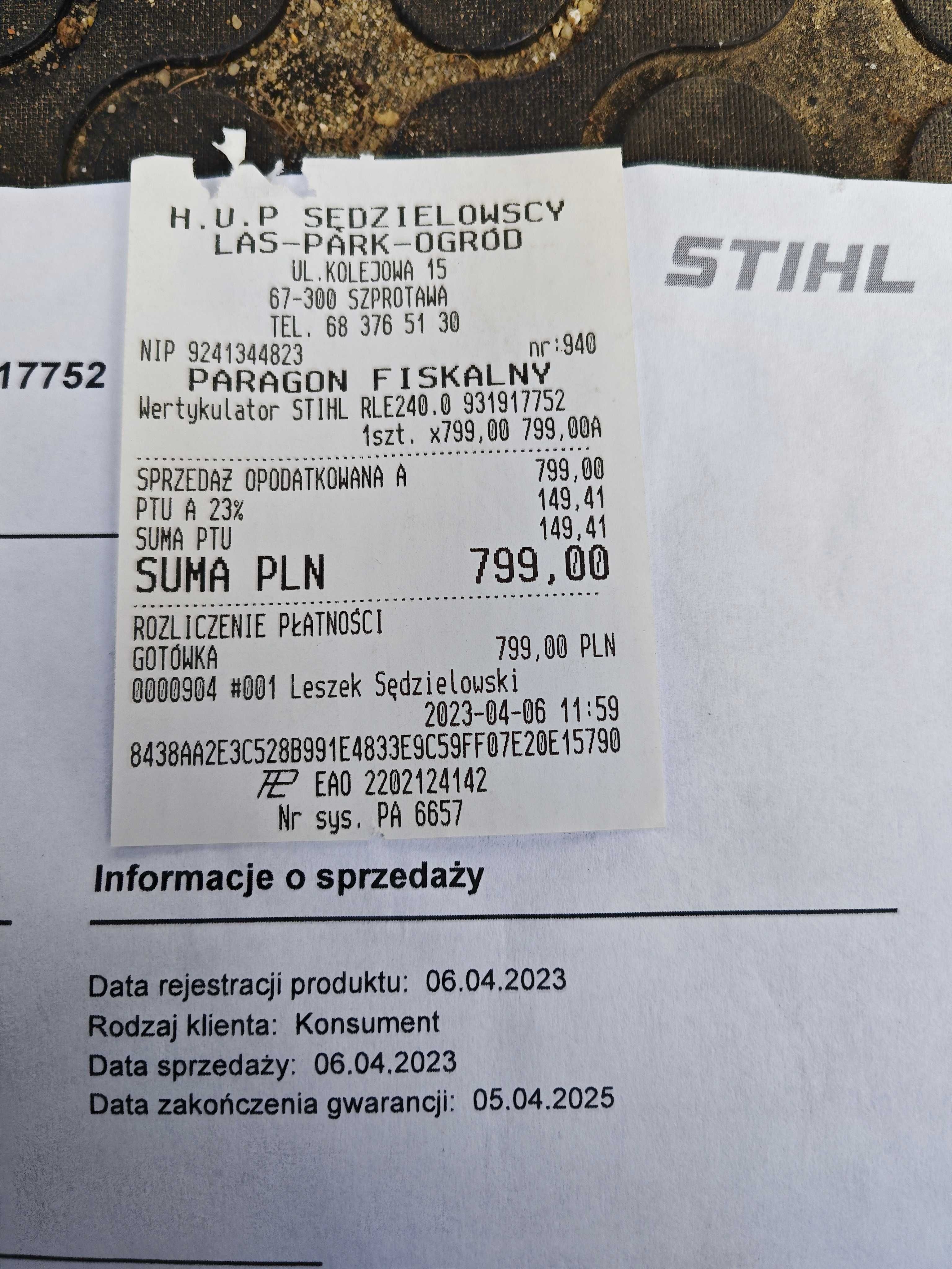 Wertykulator elektryczny na gwarancji.