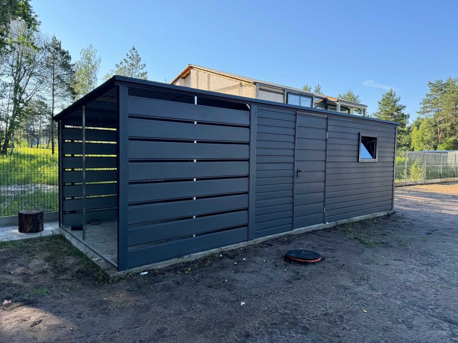 Garaż blaszany/schowek ogrodowy 6x2.5m + wiata/drewutnia, grafit