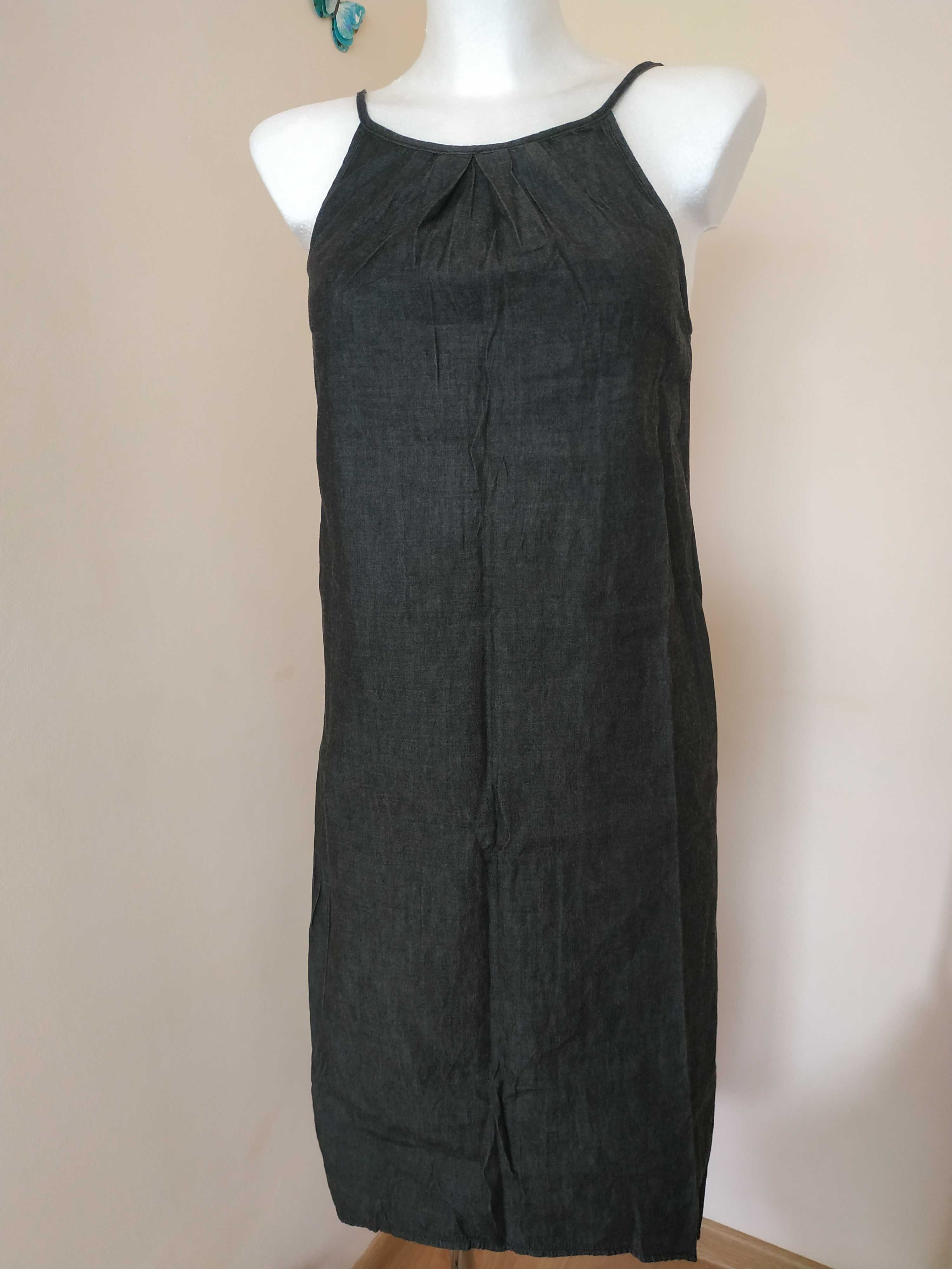 Czarna długa sukienka na ramiączkach cienki dżins 34/36