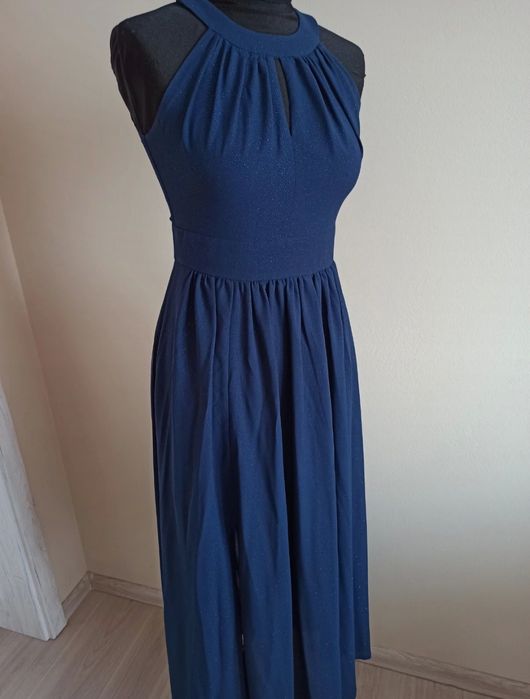 Sukienka długa na studniówkę wesele granatowa błyszcząca z brokatem