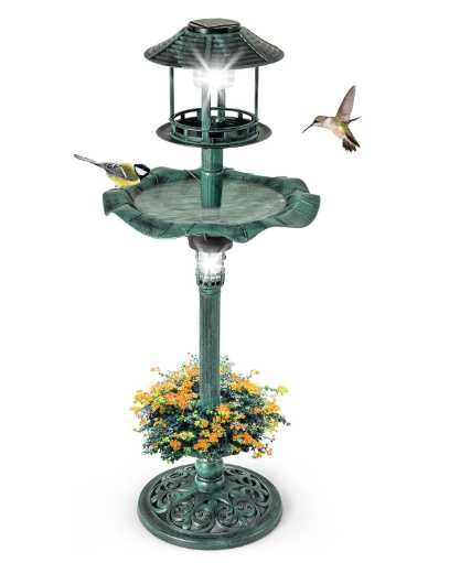 COSTWAY poidło dla ptaków z lampą solarną i karmnikiem retro 2w1