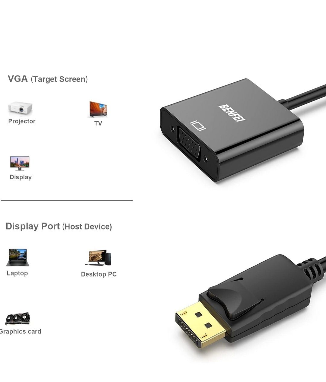 Kompaktowy, przenośny adapter DisplayPort do VGA firmy BENFEI