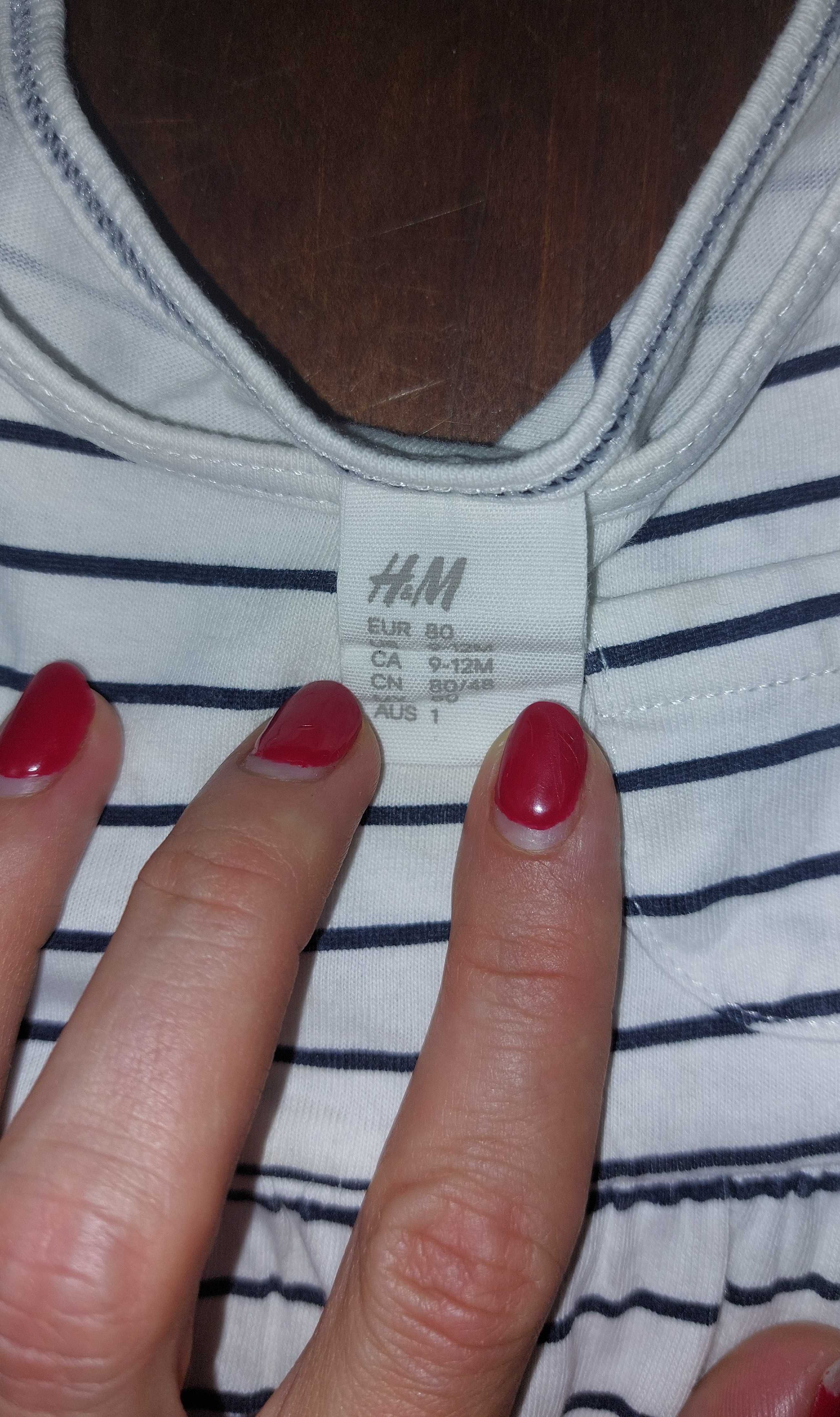 H&M Bawełniana sukienka, biała w granatowe paski, rozmiar 80