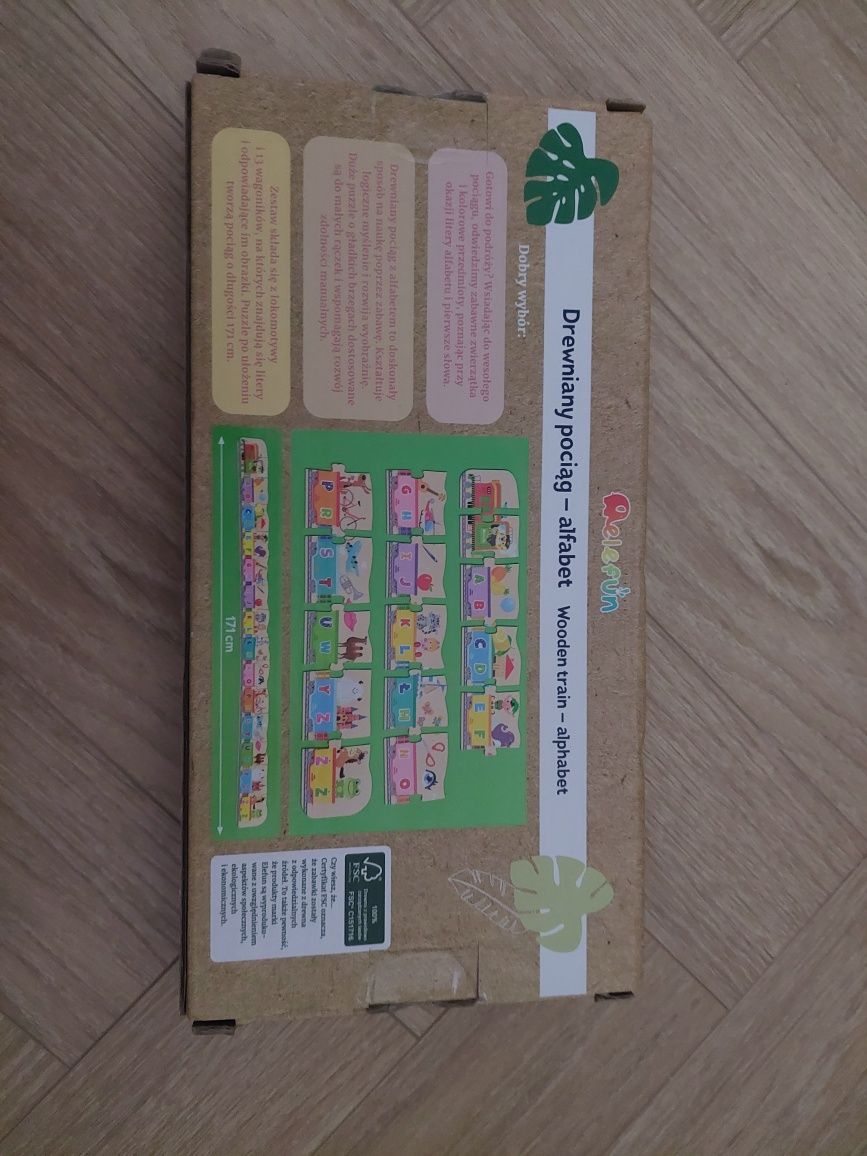 Drewniane puzzle pociąg alfabet alefun