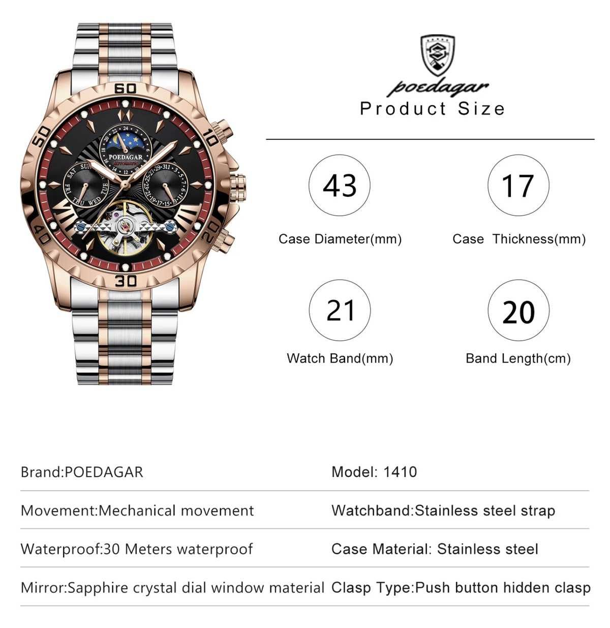 Чоловічий механічний годинник Poedagar Mechanical