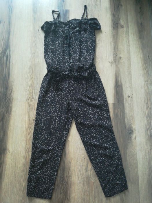 Czarny kombinezon w brązowe kropki na ramiączka, nogawki ok 7/8 next