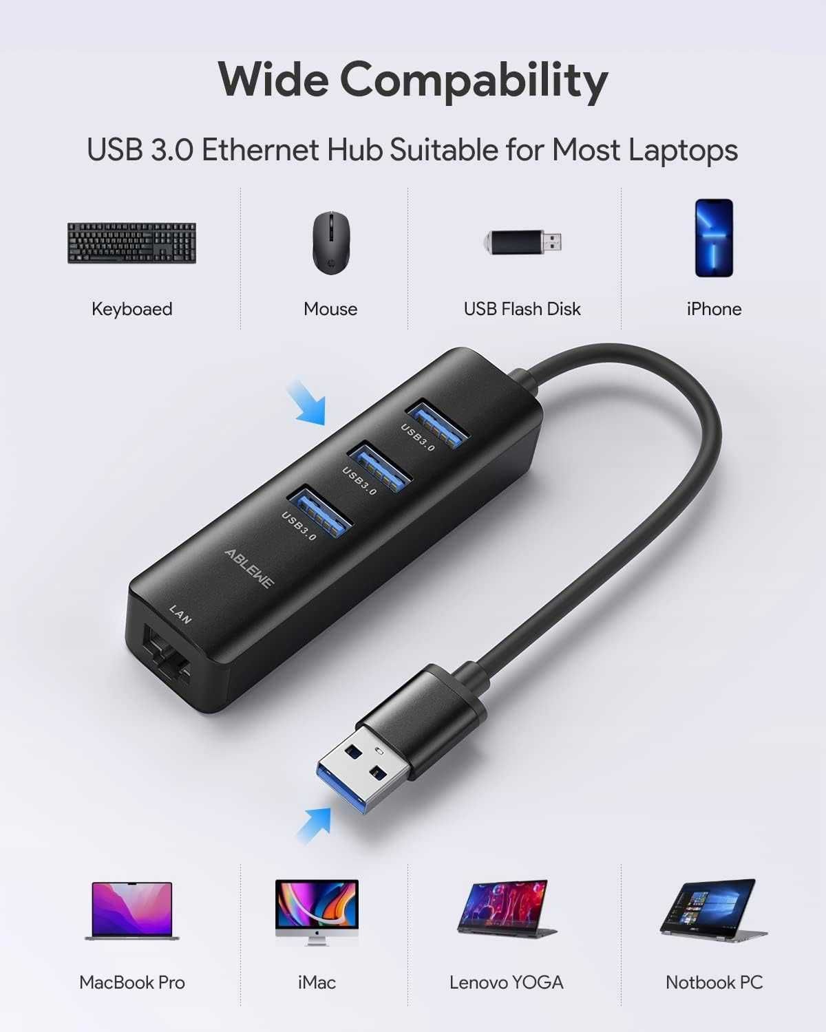 ABLEWE Adapter USB Ethernet,Hub USB 3.0 z 1 portem LAN RJ45 [2220]