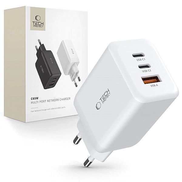 Ładowarka Tech-Protect C65w sieciowa 2x Usb-c Pd 65w / Usb-a Qc 3.0 -