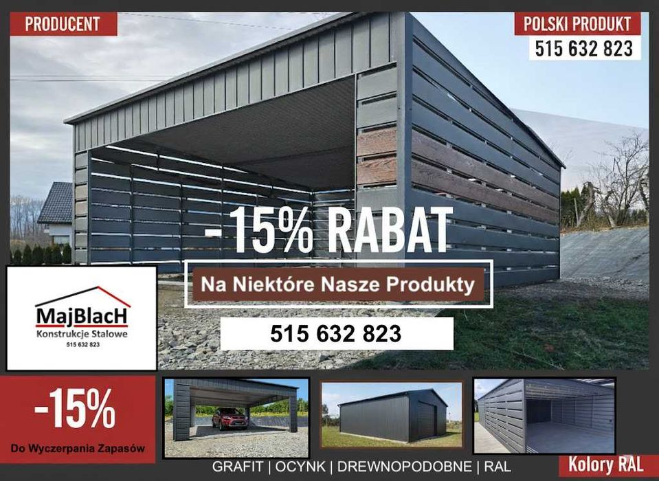 Garaż Blaszany BIAŁY + zadaszenie boczne  - Garaże Blaszane -Maj-Blach