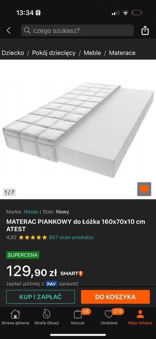 Materac piankowy do lozka 160x70 cm