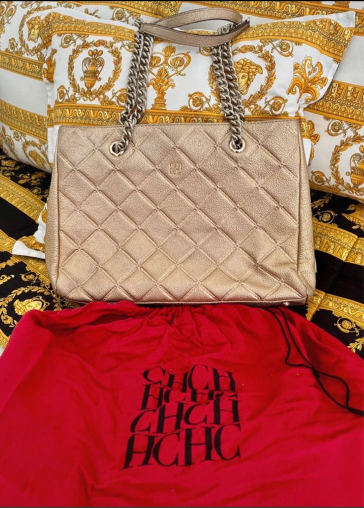 Carolina Herrera Handbag Mala Bolsa de Pele Dourada