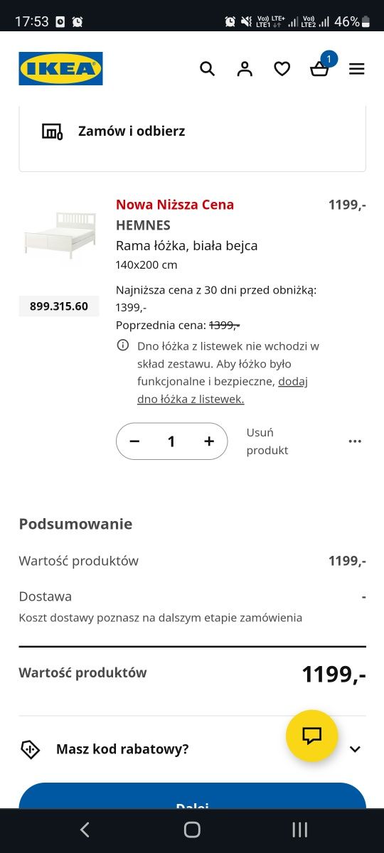 Łóżko IKEA HEMNES 140x200 białe - rama