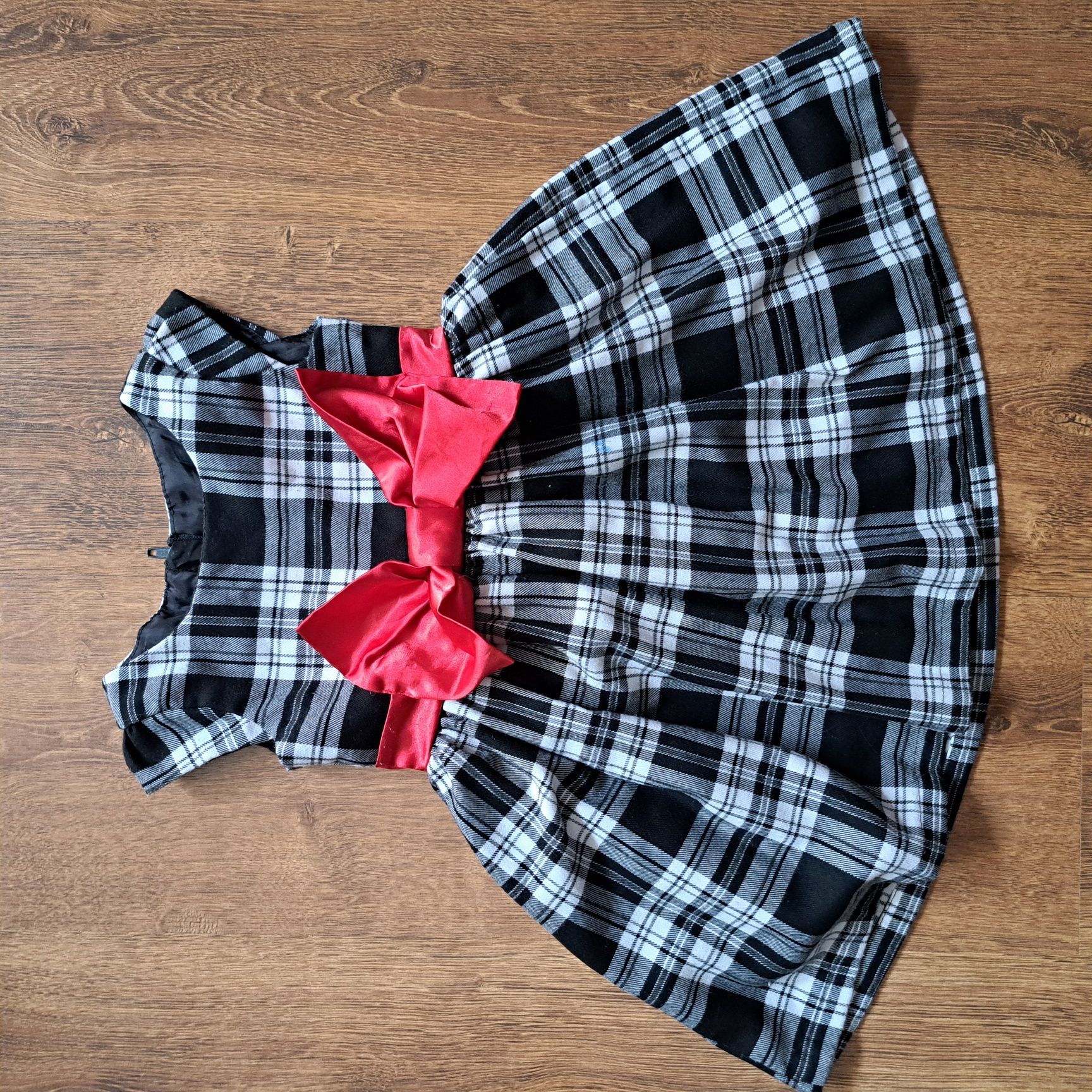 Sukienka elegancka wizytowa 80 dziewczynki krata czarno biała kokarda