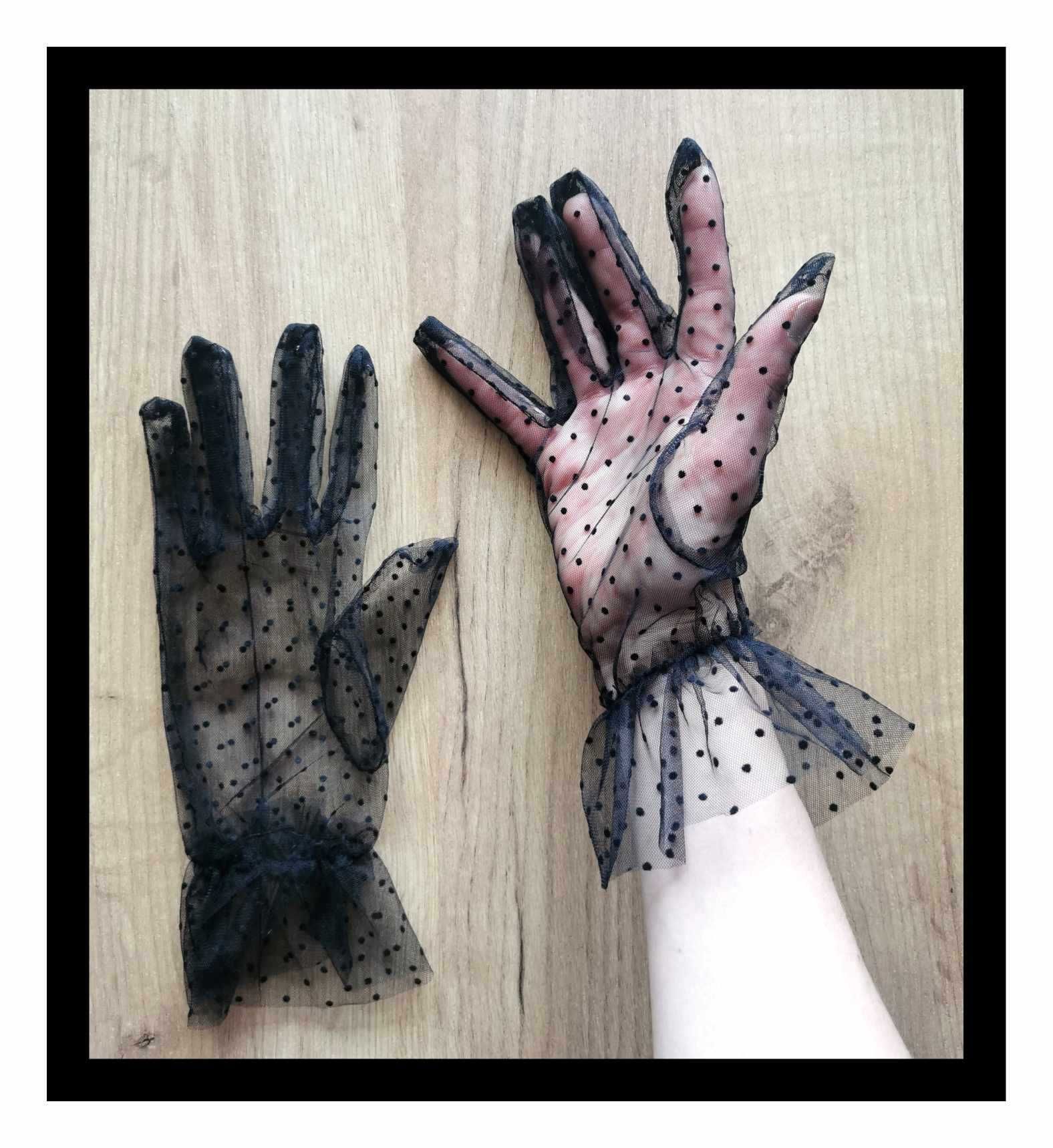 Rękawiczki w kropki (rozm. uniwersalny) #czarne #tiulowe #lolita