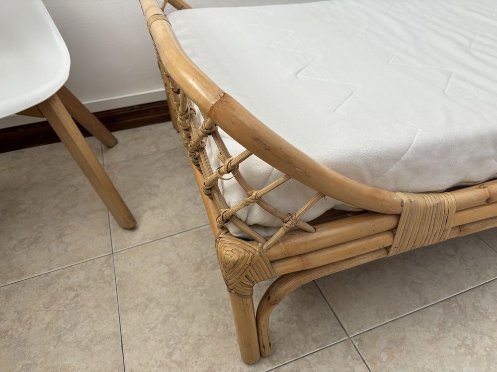 Cama + colchão  para criança, em rattan, com estrado, Katsuki