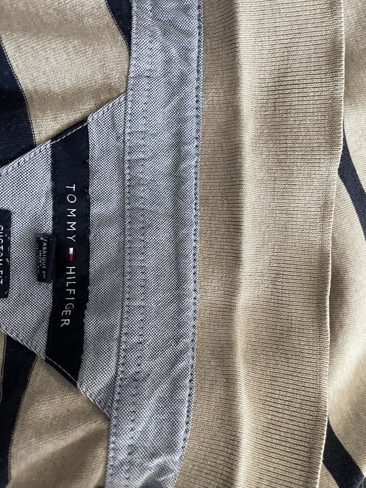 Koszulka Polo Tommy Hilfiger XL custom fit paski beżowa plus size