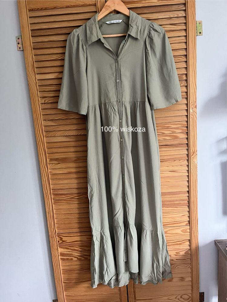 Sukienka khaki Zara XS wiskozowa maxi lato