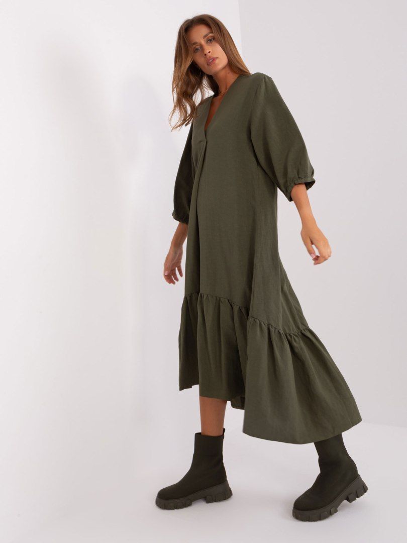 Sukienka lniana khaki oversize z falbaną S/M