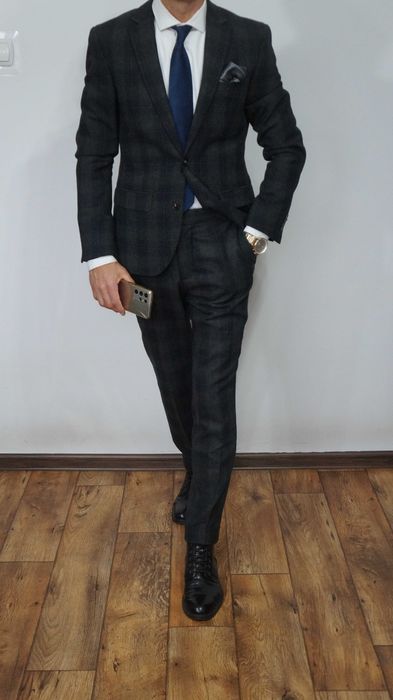 Garnitur H&M Wełna Rozmiar 46 170/92/80 Slim Fit Kolor Szary Krata