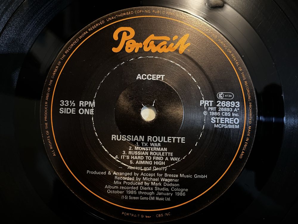 Płyty winylowe Accept Russian Roulette. 1 Press UK.