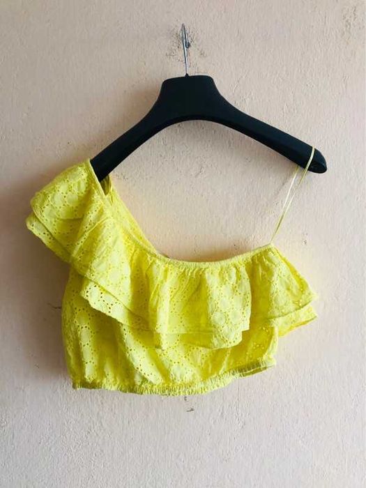 Zara - jak nowy, bawełniany, asymetryczny crop top (XS/S) stan idealny