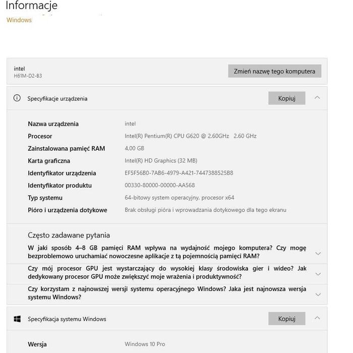 Płyta gł. GA-H61M + Intel Pentium G620+ 4GB DDR3 +SSD