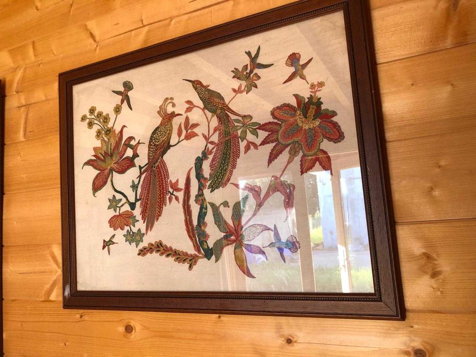 Quadro com bordado de Crewel, passaros bordados