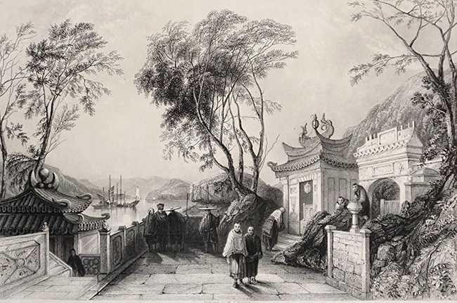 Stara grafika, staloryt "Chapel in the great temple, Macao" 1843 rok