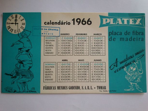 Calendário escolar 1º semestre 1966, Fábrica Mendes Godinho e PLATEX