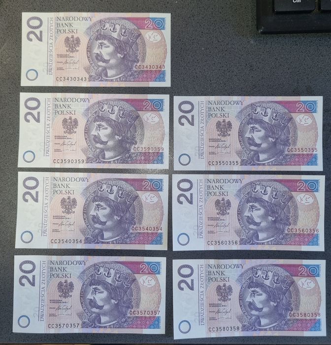 Banknoty 20zł UNC ciekawe numery seryjne