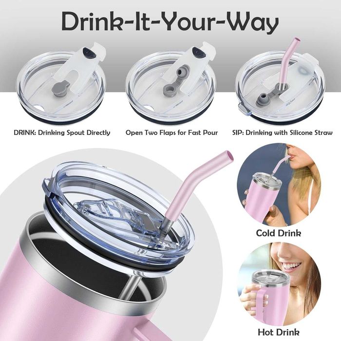 Kubek termiczny podróżny 850ml ze słomką, z 2 pokrywkami i uchwytem