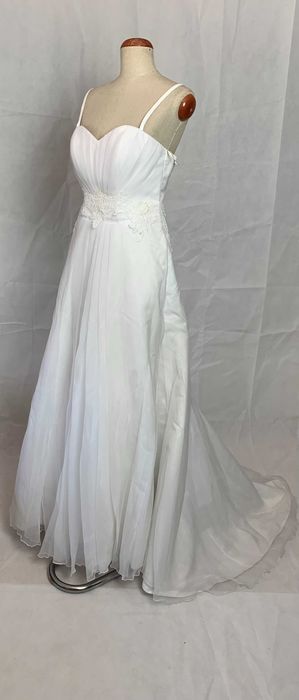 Nowa Lekka suknia ślubna 40 L empire brokat koronka tren gorset prosta